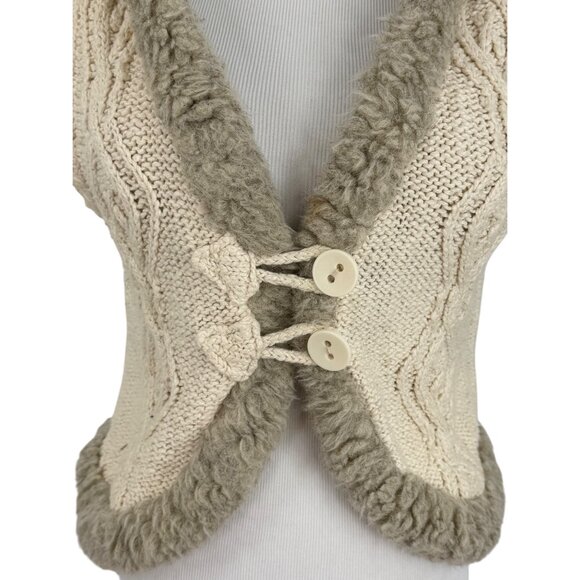 Vtg Y2K Old Navy Cream Cable Knit Faux Shearling Trim Hooded Boho Sweater Vest L - Picture 6 of 16